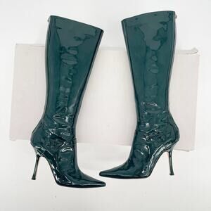Retro Jimmy Choo Bottle Green Simple Patent Leather Pointed Toe Boot size IT 37